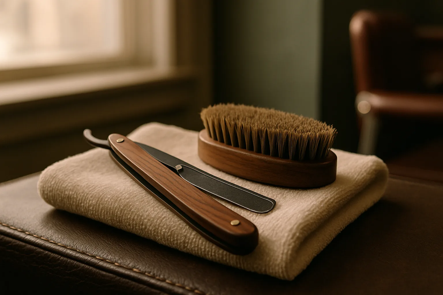 A straight razor and a beard brush resting on a warm towel