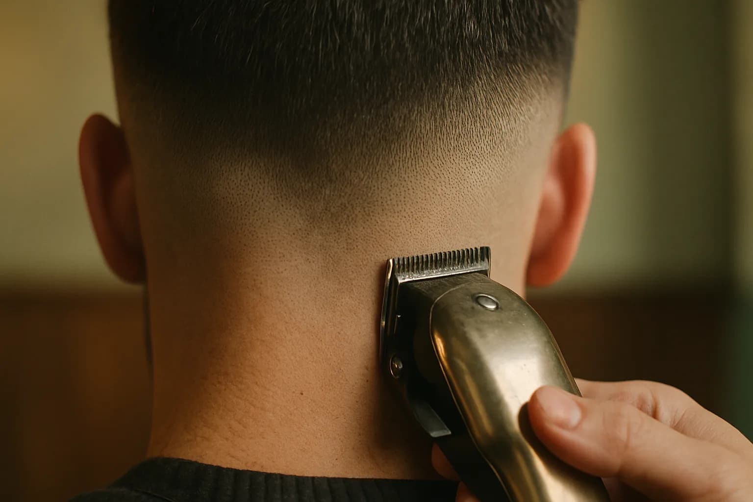 Barber clippers cutting a crisp fade, viewed from behind