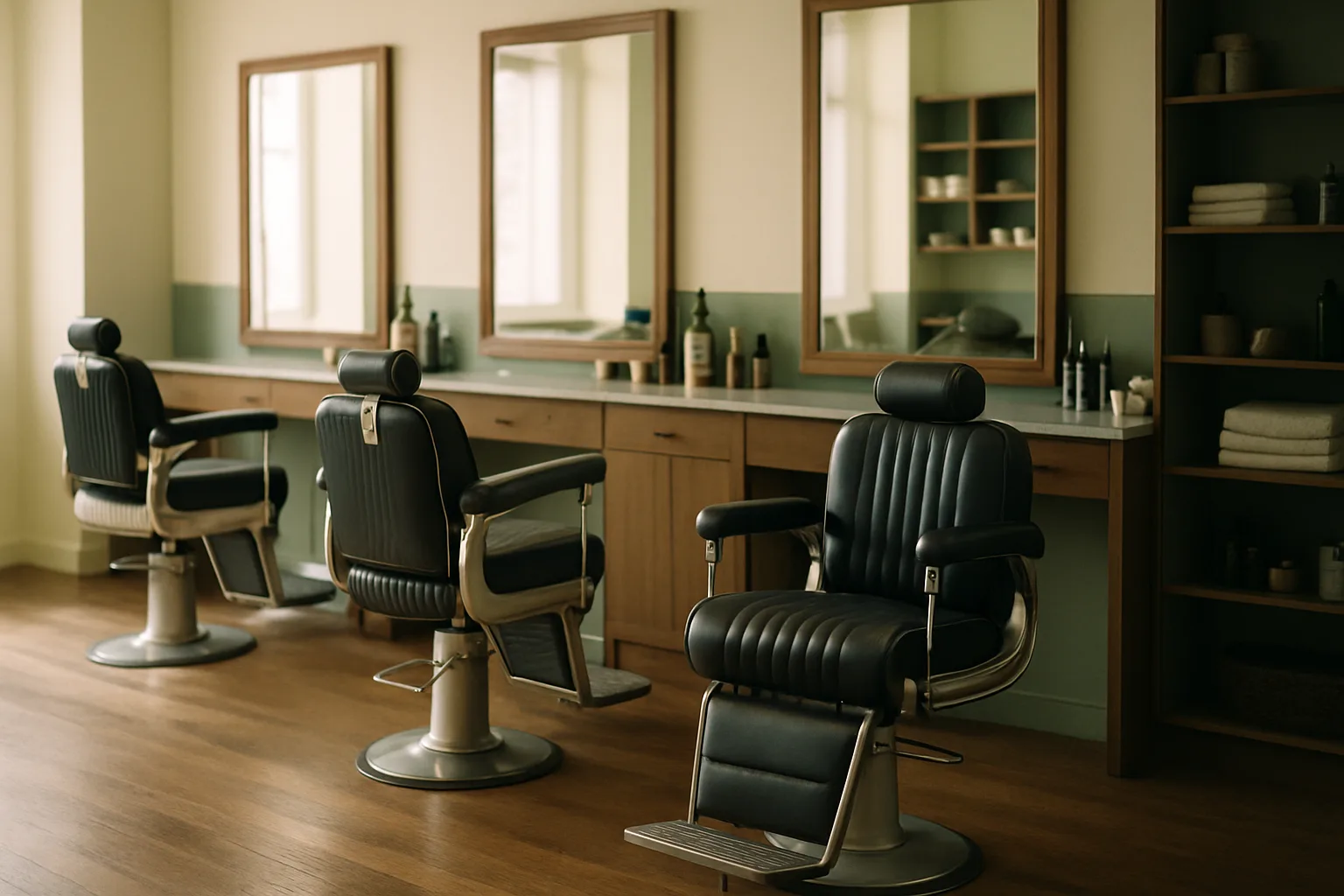Warm, modern barbershop interior with classic barber chairs and mirrors