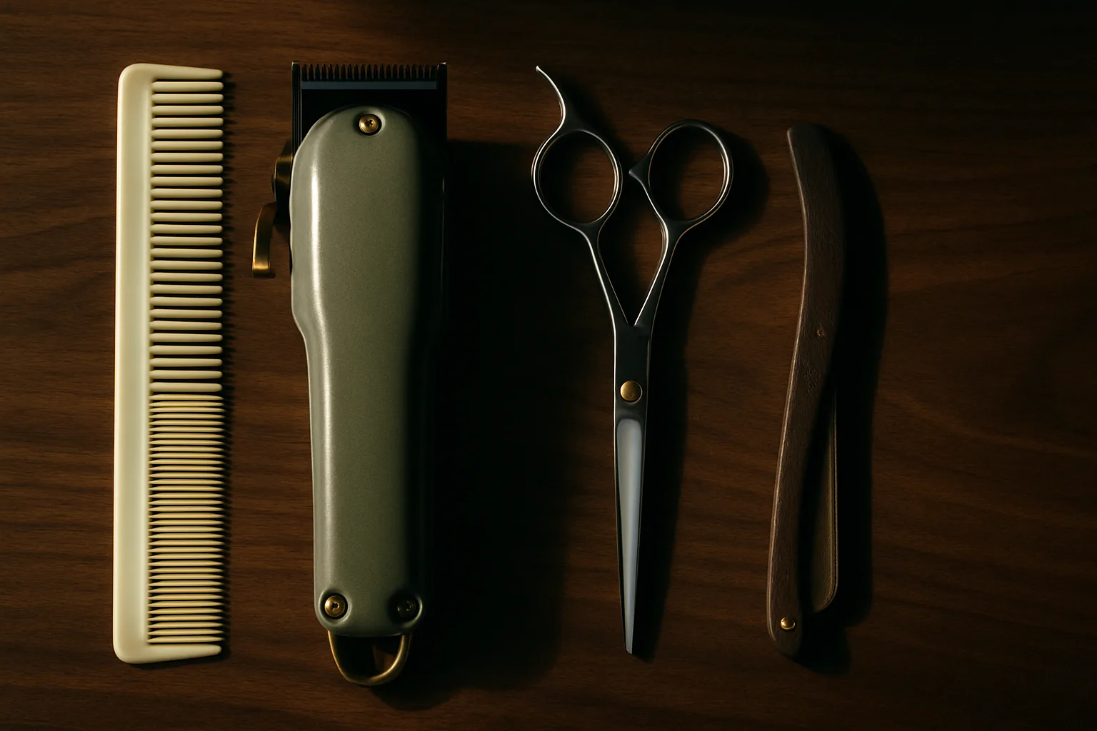 Barber clippers, scissors, comb, and a straight razor on a walnut station