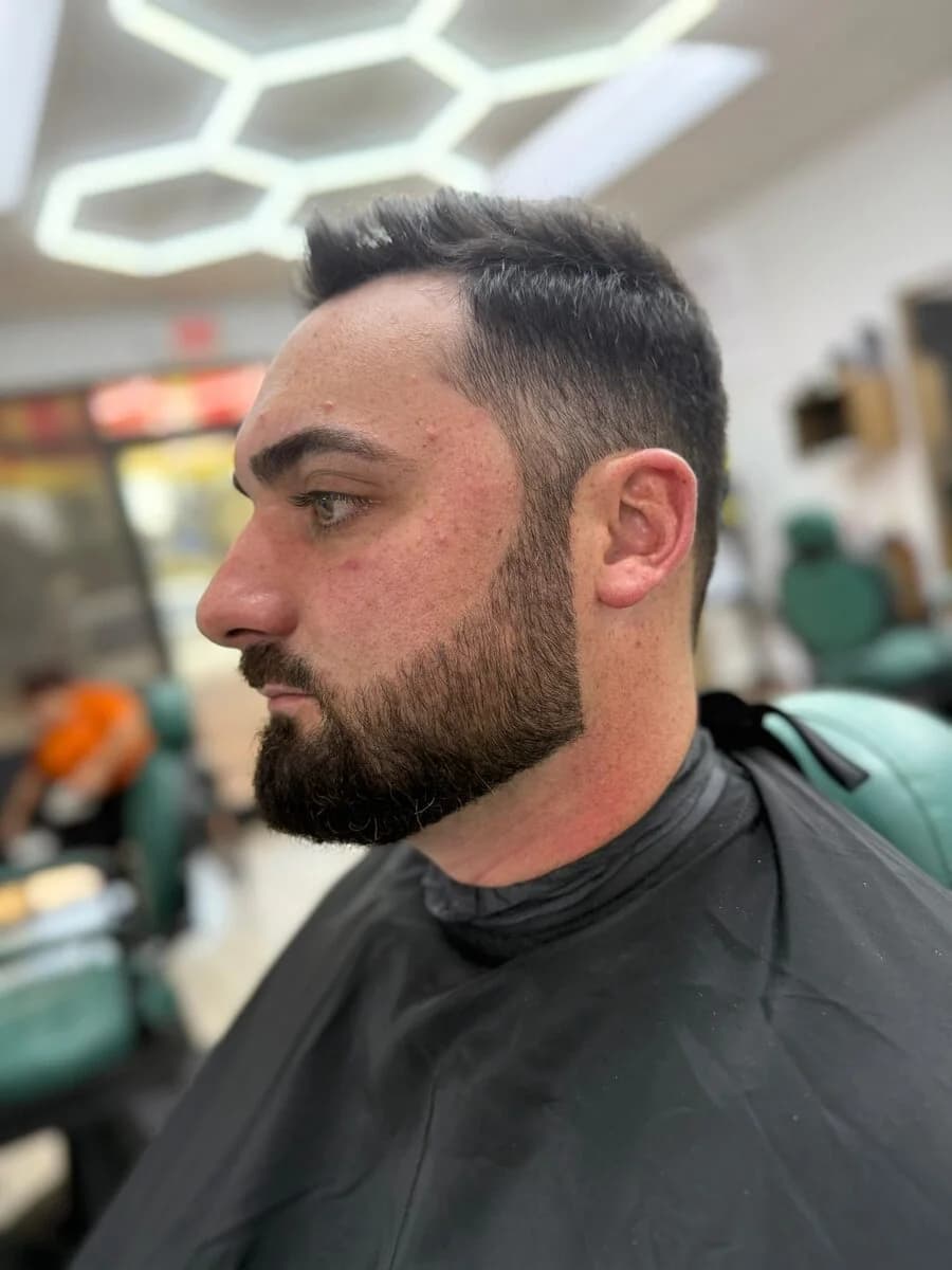 Haircut, beard and hot towel at Blessed Barbershop — fade with full beard, Daphne AL