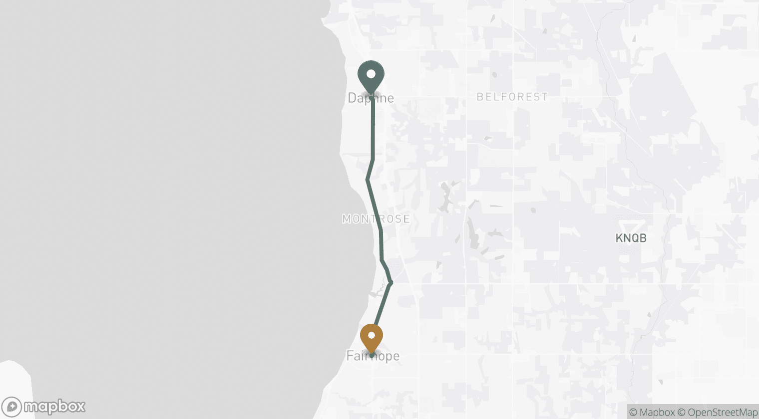Map of the drive from Fairhope, AL to Blessed Barbershop in Daphne — about 12 minutes
