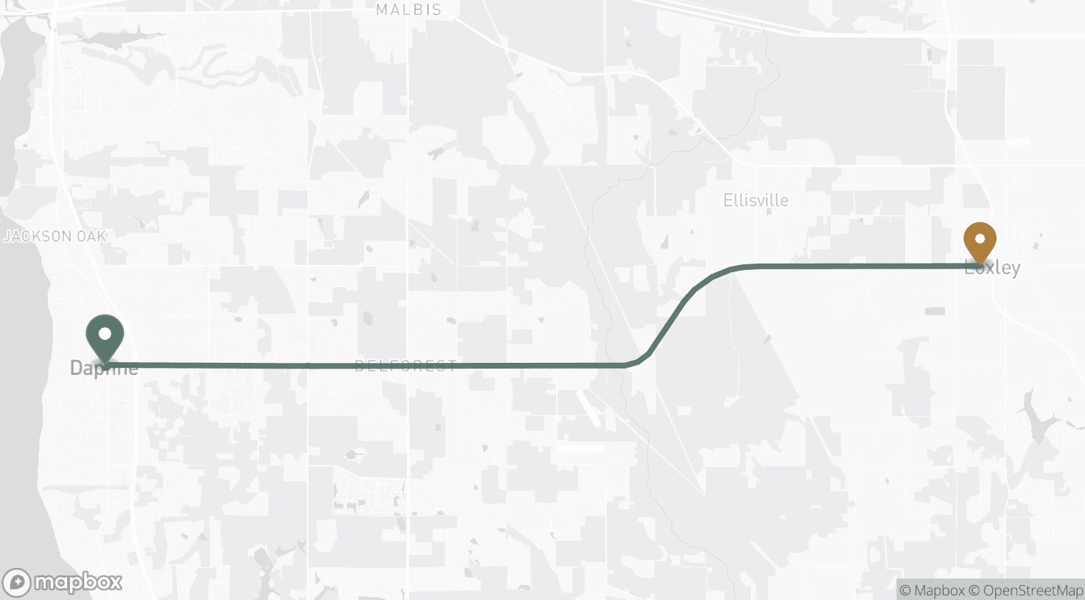 Map of the drive from Loxley, AL to Blessed Barbershop in Daphne — about 21 minutes