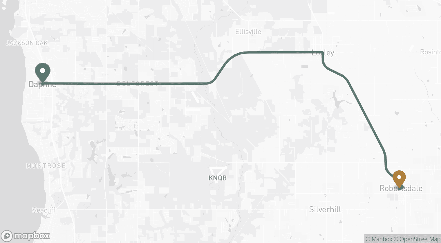 Map of the drive from Robertsdale, AL to Blessed Barbershop in Daphne — about 28 minutes