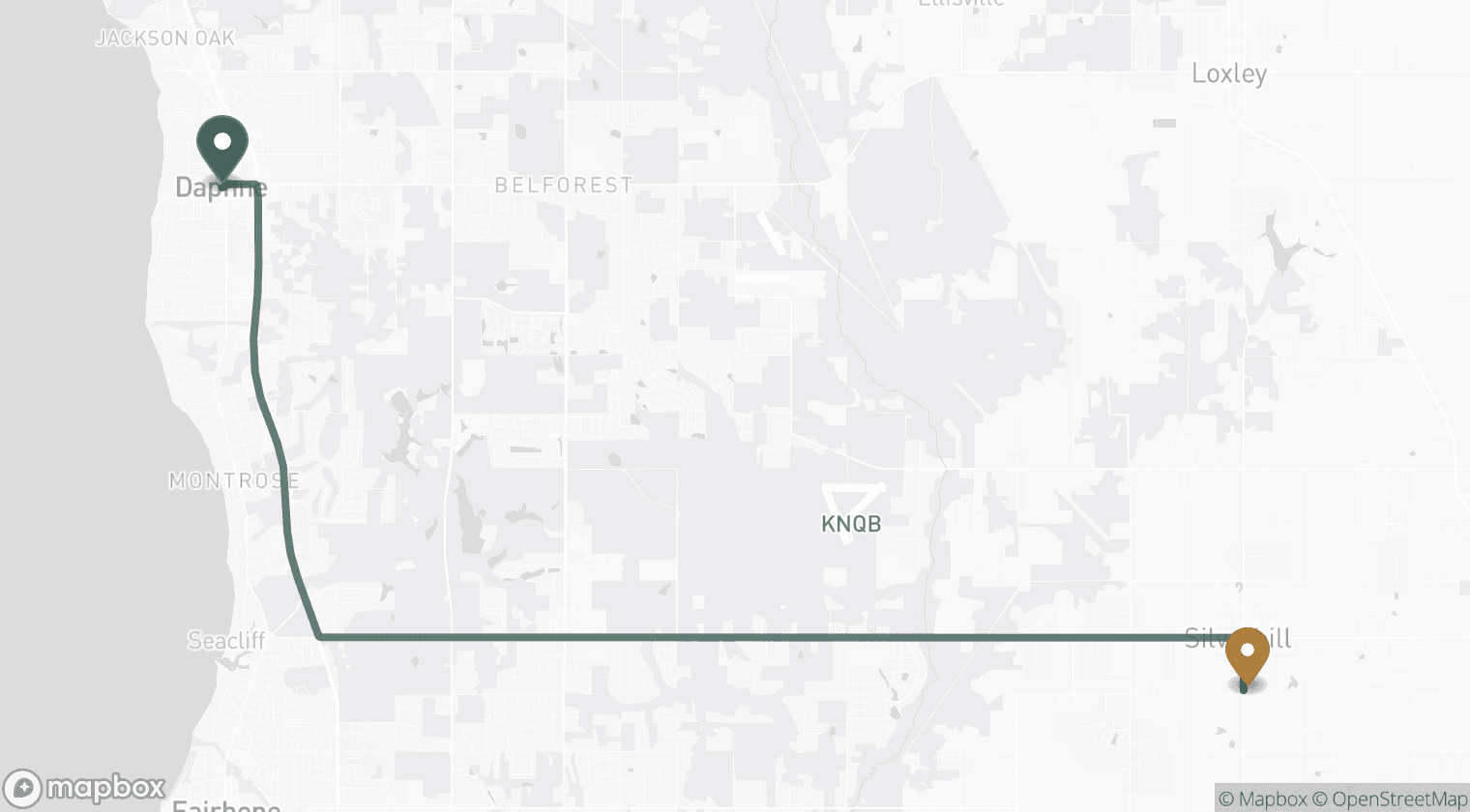 Map of the drive from Silverhill, AL to Blessed Barbershop in Daphne — about 23 minutes