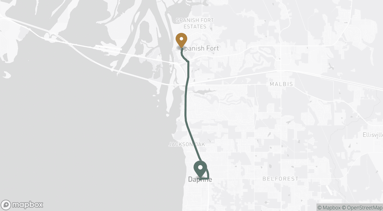 Map of the drive from Spanish Fort, AL to Blessed Barbershop in Daphne — about 10 minutes